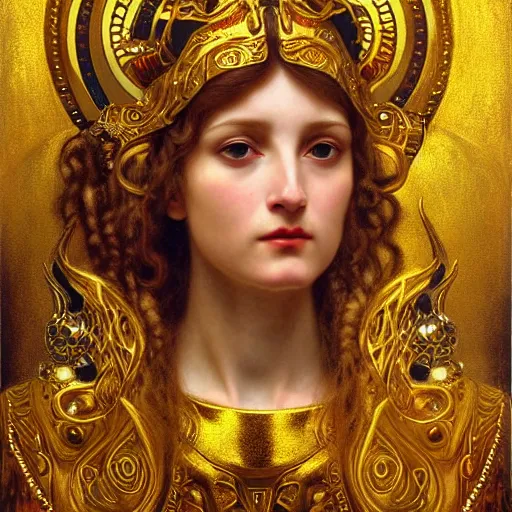 Image similar to painting portrait of Hel goddess of the death, viking culture, intricate, elegant, digital painting, smooth, sharp focus, shiny gold, realistic gold, realistic metal, by William-Adolphe Bouguereau and Gustav Klimt,