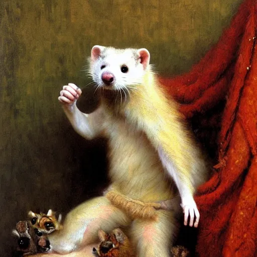 Prompt: a portrait of a furry ferret wearing clothes, hairy, furry body, furry arms, feet, tail. highly detailed painting by gaston bussiere, craig mullins, j. c. leyendecker, furry