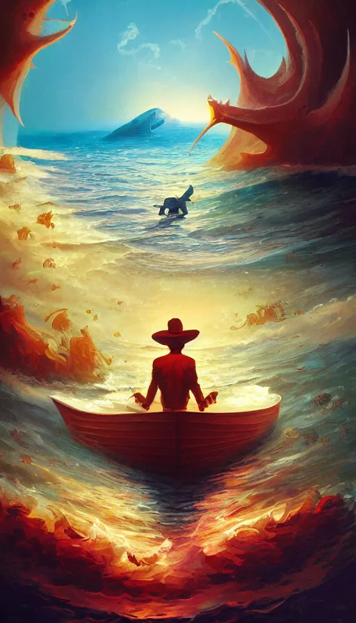 Image similar to man on boat crossing a body of water in hell with creatures in the water, sea of souls, by rhads