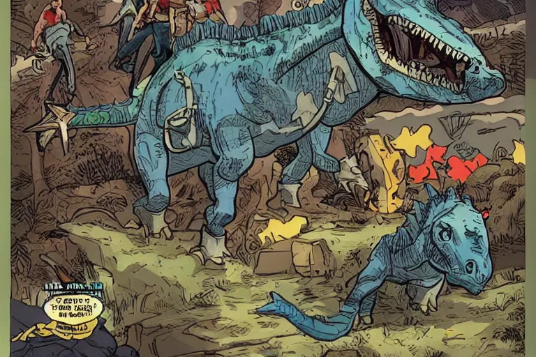Image similar to cowboys riding dinosaurs fighting against mecha goblins, comic, lazers, action
