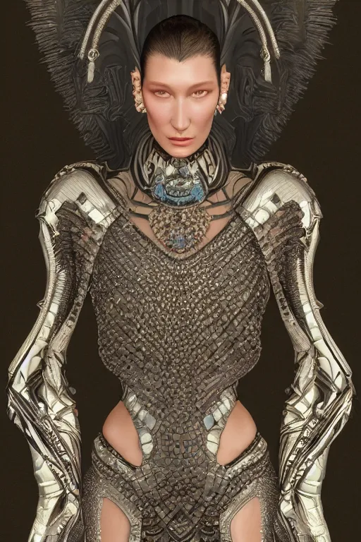 Image similar to a highly detailed medium shot 8 k render portrait of an alien goddess bella hadid in iris van herpen dress schiaparelli armor in diamonds and lots of jewelry in style of alphonse mucha trending on artstation made in unreal engine 4