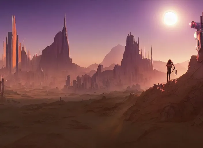 Image similar to science fiction wallpaper, pc game, point - and - click adventure, daedalic entertainment, desert with city in the skyline, two suns, purple orange colors, sharp focus, illustration, highly detailed, digital painting, concept art, matte, art by wlop and artgerm and greg rutkowski and alphonse mucha, masterpiece