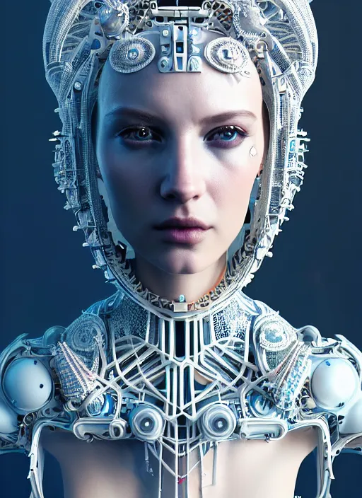 Image similar to portrait of an absurdly beautiful, graceful, sophisticated, fashionable cyberpunk mechanoid, hyperdetailed illustration by irakli nadar and alexandre ferra, intricate linework, white porcelain skin, faberge, fractal headdress, unreal engine 5 highly rendered, global illumination, radiant light, detailed and intricate environment