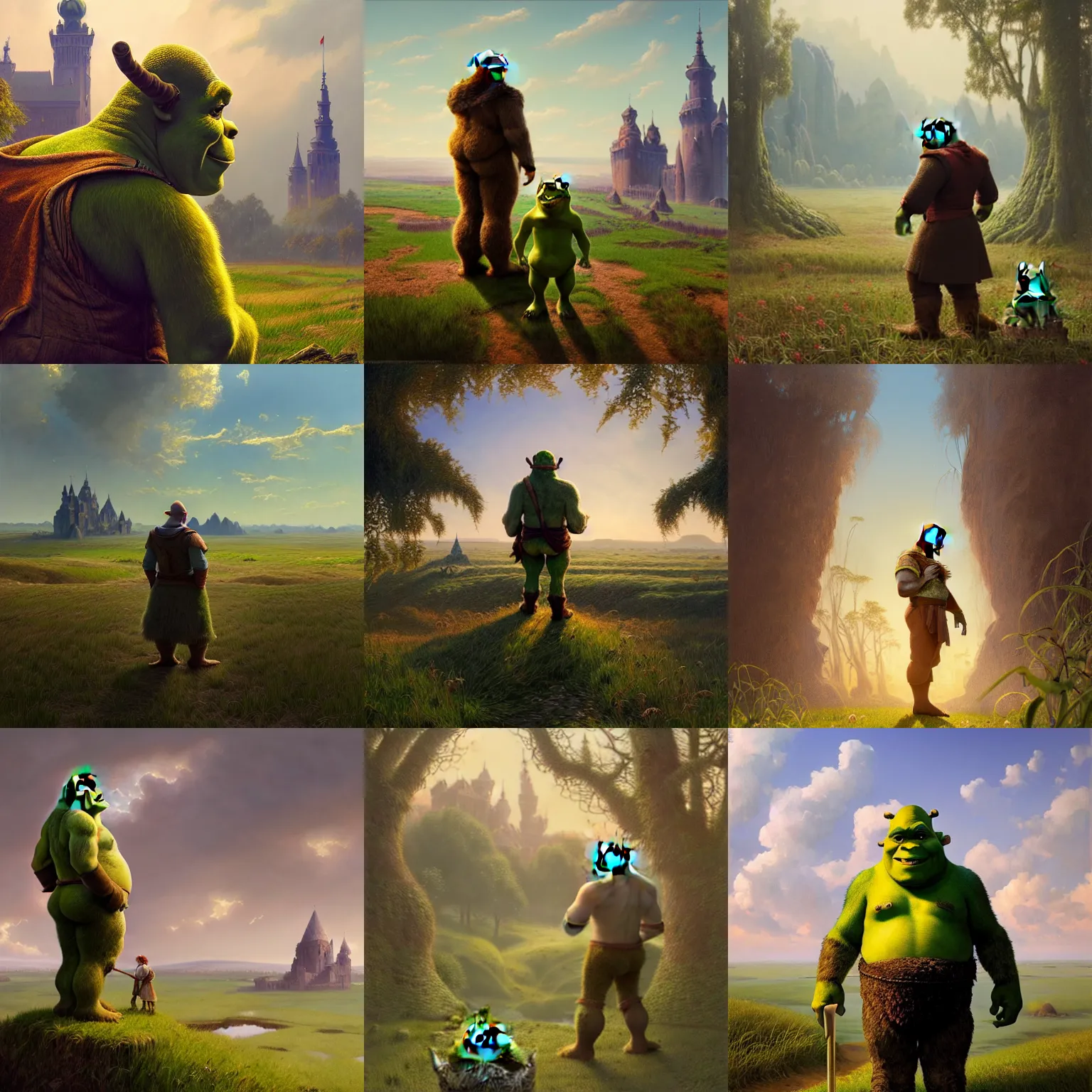 Prompt: ultra realistic illustration, wide angle shot, shrek standing in front of poland landscape, intricate, elegant, highly detailed, digital painting, artstation, concept art, smooth, sharp focus, illustration, art by artgerm and greg rutkowski and alphonse mucha