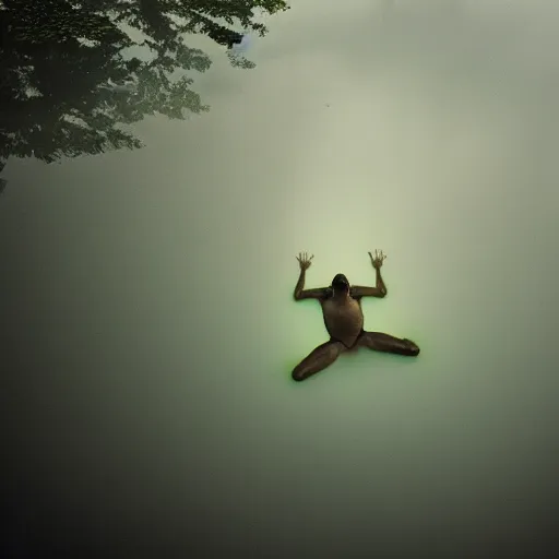 Image similar to semi translucent smiling frog amphibian floating over misty lake in Jesus Christ pose, cinematic shot by Andrei Tarkovsky, paranormal, spiritual, mystical