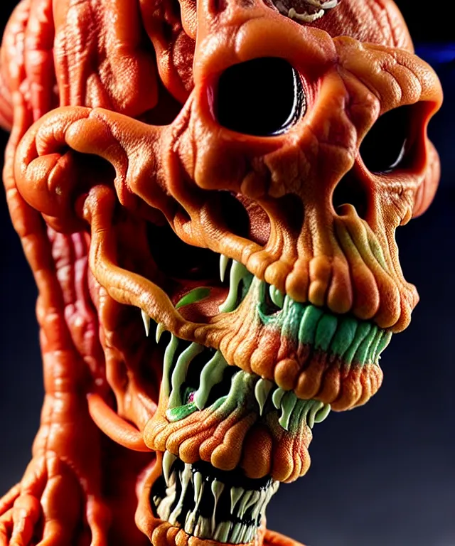 Image similar to hyperrealistic rendering, cronenberg flesh monster skeletor by art of skinner and richard corben and jeff easley, product photography, action figure, sofubi, studio lighting, colored gels