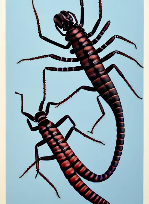 Image similar to beautiful matte airbrush portrait of a scolopendra on a white background, 8 0's airbrush aesthetic, art by pater sato