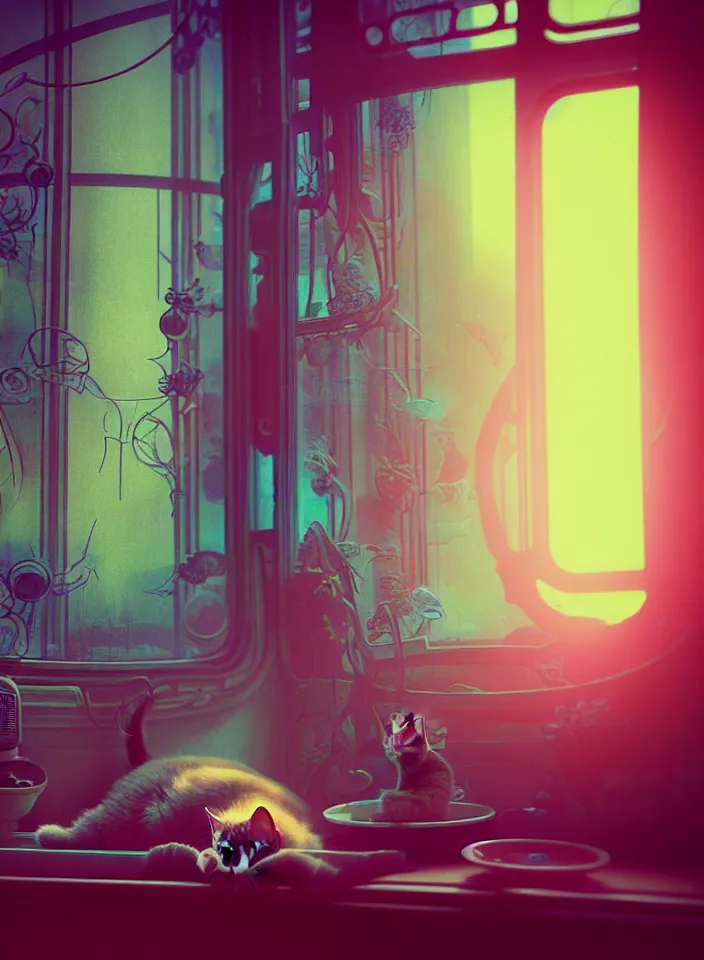 Image similar to telephoto 7 0 mm f / 2. 8 iso 2 0 0 photograph depicting the feeling of chrysalism in a cosy safe cluttered french sci - fi ( ( art nouveau ) ) cyberpunk apartment in a pastel dreamstate art cinema style. ( cat ) ( ( fish tank ) ), ambient light.