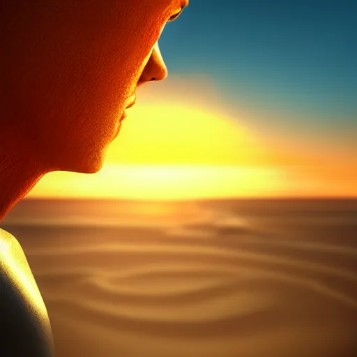 Prompt: a closeup photorealistic photograph of a shadow face staring at a beatiful sunset on the beach, fantastic four theme. bright scene. fine detail. this 4 k hd image is trending on artstation, featured on behance, well - rendered, extra crisp, features intricate detail, epic composition and the style of unreal engine.