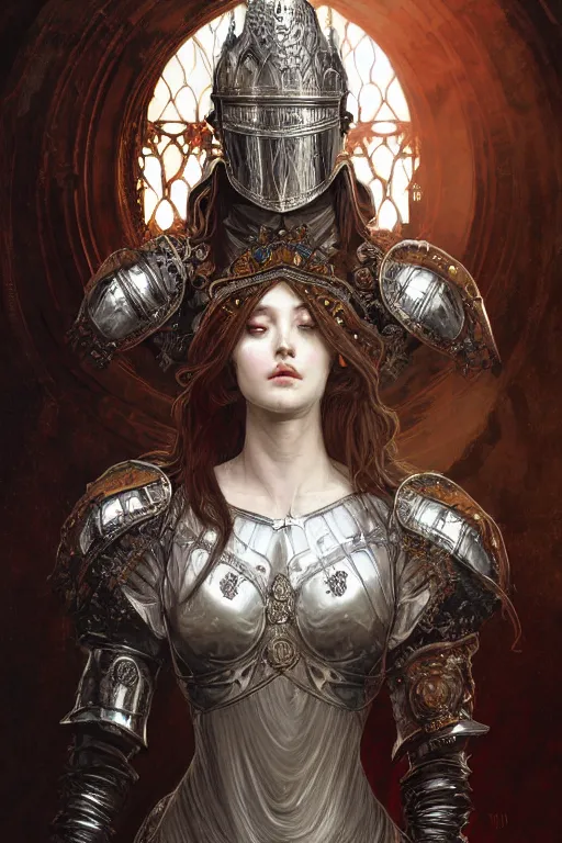 Image similar to beautiful luxury and elite and victorian and holy medieval female red and white silver mirror color armor knight portrait+smoky eyes+light flowing brown hair, in ruin gothic cathedral, ultradetail face, art and illustration by tian zi and craig mullins and WLOP and alphonse mucha, fantasy, intricate complexity, human structure, fantasy world concept, watermark, blurry, hyperrealism 8k