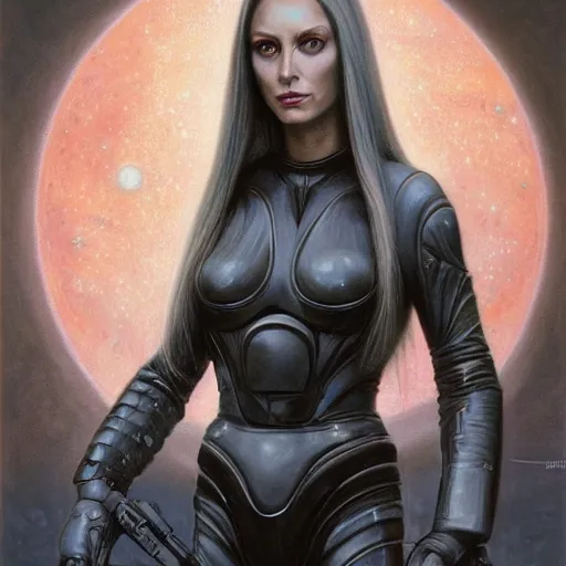 Image similar to pleiadian woman with big eyes and long silver hair wearing a dark body suit and holding a plasma gun as a realistic sci fi character, portrait art by donato giancola and greg rutkowski, digital art, trending on artstation, standing in a barren field, long silver hair, full body