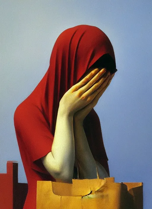 Image similar to woman praying with a paper bag over the head and a sward Edward Hopper and James Gilleard, Zdzislaw Beksinski, Steven Outram highly detailed