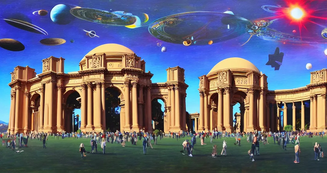 Prompt: the san francisco palace of fine arts during the multiverse futuristic fair, spaceships flying, realistic painting