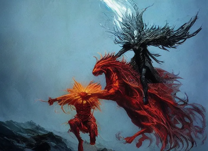 Prompt: nameless king riding a giant dark phoenix, storm king, beksinski, wayne barlowe, ruan jia, dark soul concept art