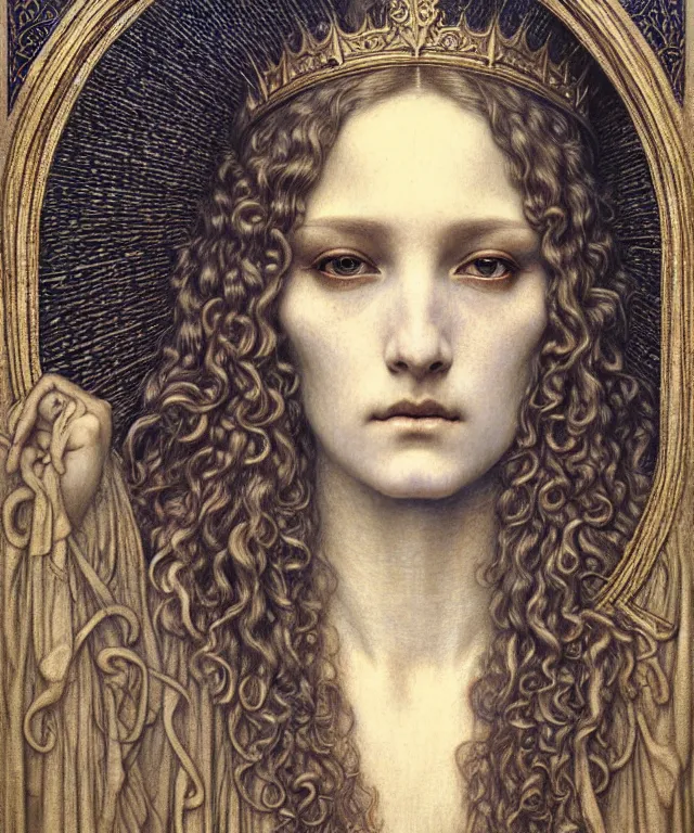 Image similar to detailed realistic beautiful young medieval queen face portrait by jean delville, gustave dore and marco mazzoni, art nouveau, symbolist, visionary, gothic, pre - raphaelite. horizontal symmetry