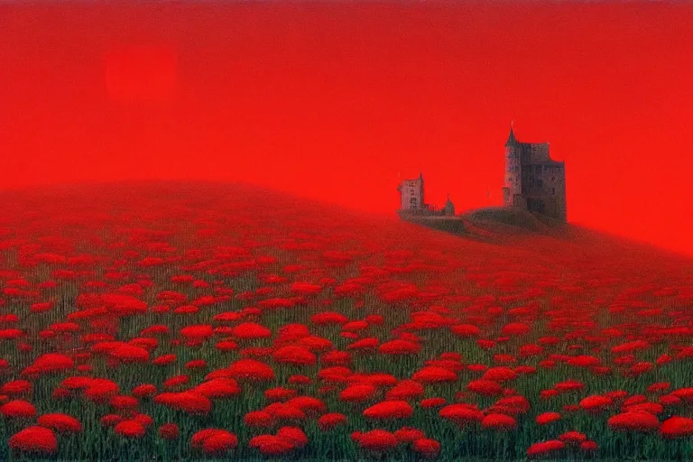 Image similar to only with red, red flowers of different types, a castle in the background, red giants rest over the flowers, in the style of beksinski, part by hopper, part by rodcenko, part by hofbauer, intricate composition, red by caravaggio, insanely quality, highly detailed, masterpiece, red light, artstation, 8 k