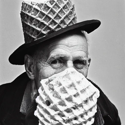 Prompt: detailed 1930s photograph of a wrinkled old man with a tall hat made of waffle cone, filled with huge scoops of real ice cream