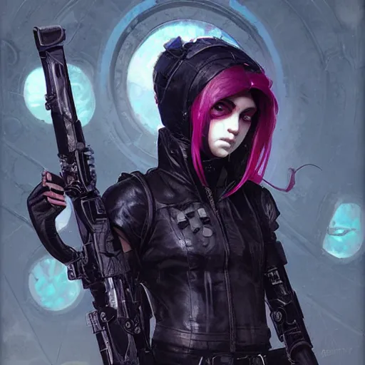 Image similar to cybergoth teen girl, artwork by greg rutkowski and hiroriko araki