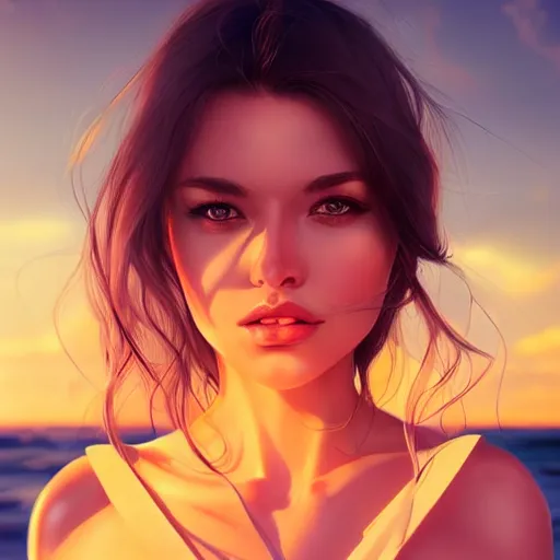 Prompt: symmetry!!!!!!! portrait of beautiful woman on the beach, hazel eyes, sunset, highly detailed, sharp focus, volumetric lighting, trending on artstation, by wlop, rossdraws, artgerm.