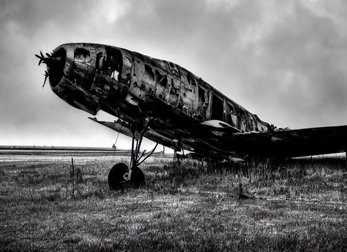 Image similar to black and white photograph of a crashed abandoned military jet in kansas city, rainy and foggy, soft focus