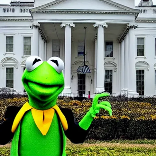 Image similar to “Kermit the Frog as president of the United States, wearing a suit and tie in front of the White House with a helicopter, photo journalism unreal 4k”