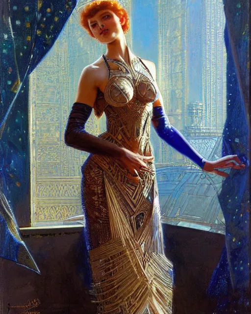 Prompt: an attractive model wearing a futuristic dress surrounded by intricate geometric patterns. highly detailed painting by gaston bussiere, craig mullins, j. c. leyendecker 8 k