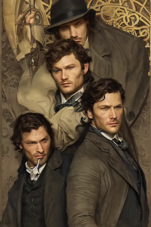 Prompt: a detailed matte portrait of jensen ackles and jared padalecki as sherlock holmes and watson, masterpiece, 8 k, art by alphonse mucha and greg rutkowski