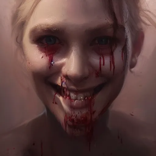 Image similar to epic portrait of a beautiful girl with an unnaturally wide smile, high detail, horror smile, sharp focus, beautiful!, scary!, bloody, dewy skin, ethereal, painting, concept art, warm lighting, greg rutkowski