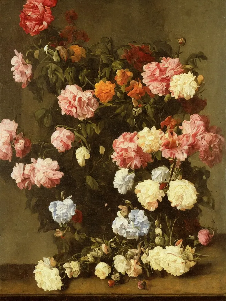 Image similar to painting, Dutch style, old masters, still life with flowers,