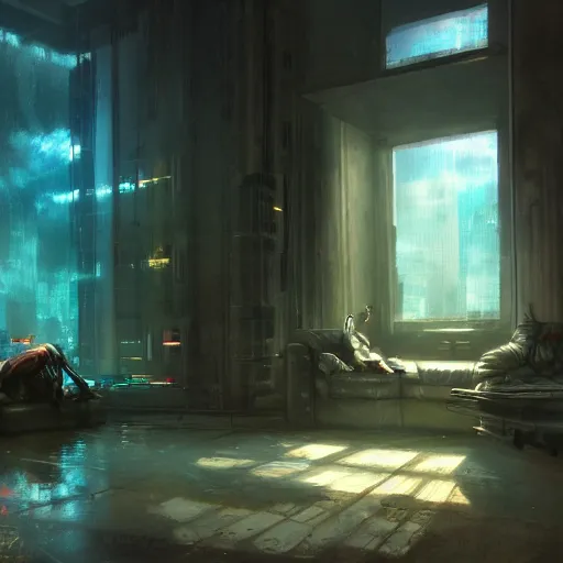 Image similar to cyberpunk living room interior, windows, light rays, buildings, dystoptian, gorgeous view, no person, depth, painted by Seb McKinnon, clouds, tending on artstation