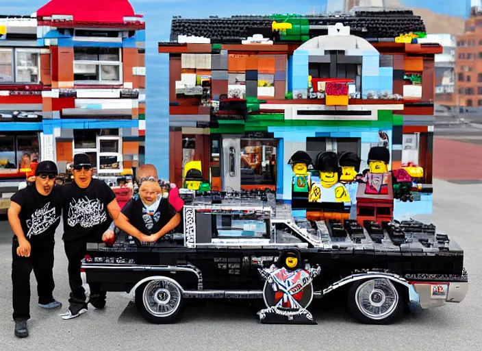 Image similar to nwa in front of a lowrider made by lego