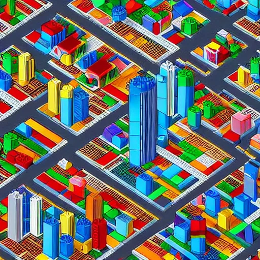 Prompt: isometric view of a lego city, skyscrapers, colorful, lego bricks, geometric isometric view