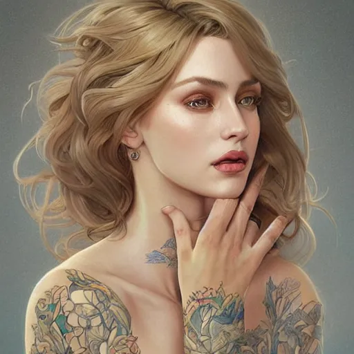 Image similar to ultra realistic illustration, a hot and beautiful tattooed blonde slavic woman in her 3 0's, intricate, elegant, highly detailed, digital painting, artstation, concept art, smooth, sharp focus, illustration, art by artgerm and greg rutkowski and alphonse mucha