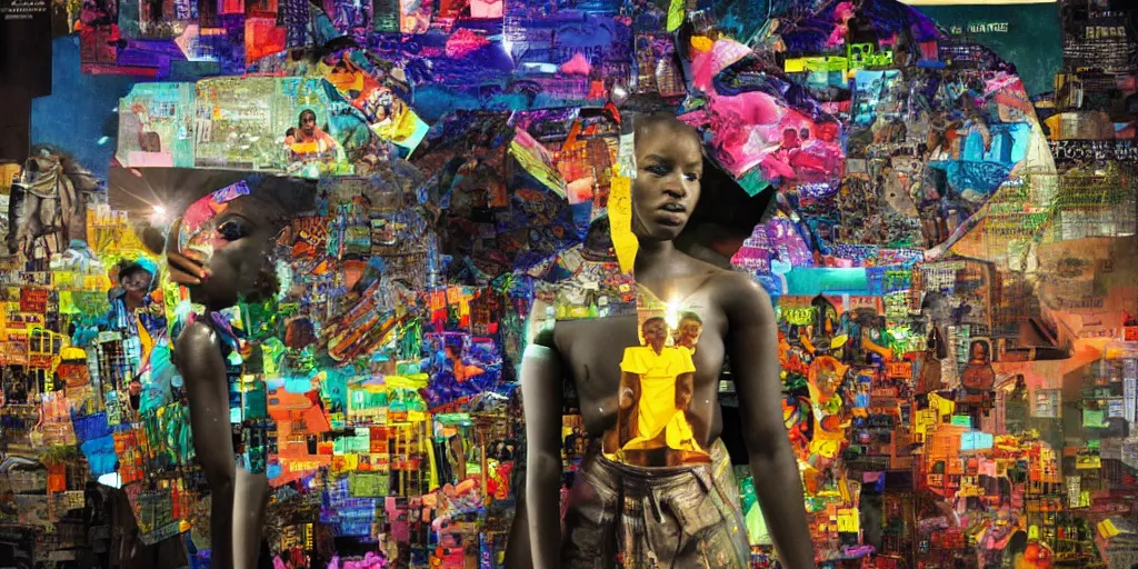 Image similar to ROBOT of AJEGUNLE SLUMS of Lagos inside African JESUS CHRIST about AESTHETICS surrounding large UFO within NEON rays of light, magazine collage,