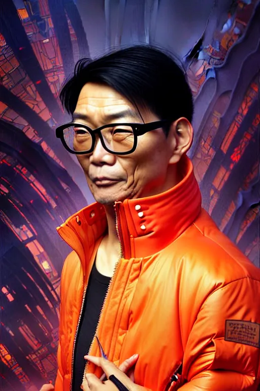 Image similar to a middle aged asian man with short black hair, broad shoulders, thick round spectacles, wearing a bright orange bomber jacket, seductive cyberpunk dark fantasy, art by artgerm and karol bak and moebius and alphonse mucha and greg rutkowski, hyperdetailed, ultrarealistic, octane render