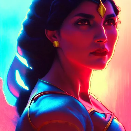 Prompt: anjanette abayari as darna, volumetric lights, red and cyan theme, art nouveau botanicals, intricate, highly detailed, digital painting, artstation, concept art, smooth, sharp focus, cinematic, illustration, beautiful face, art by artgerm and greg rutkowski and alphonse mucha