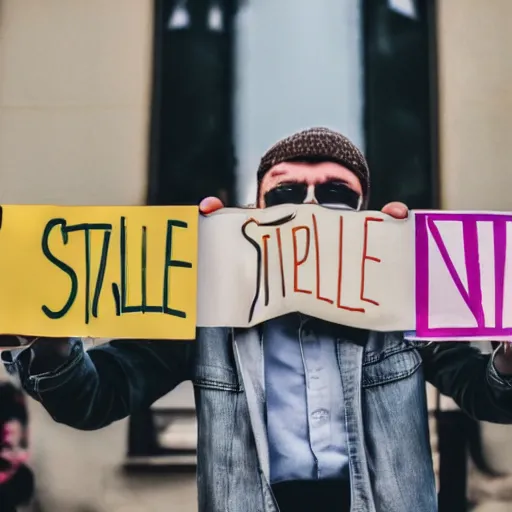 Prompt: a man holding up a sign that says stable diffusion, photograph, cinematic lighting, movie frame