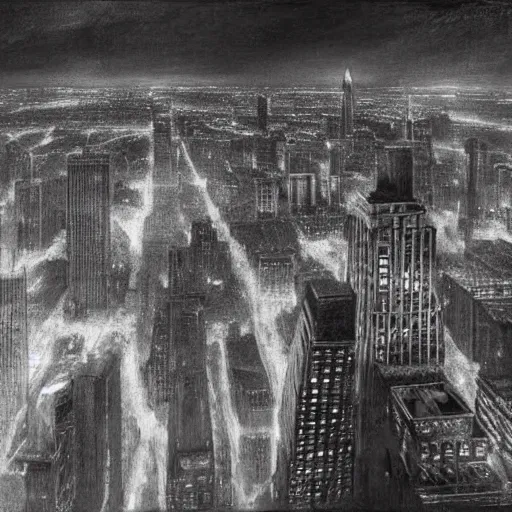 Image similar to photorealistc painting of a nightmarish boston downtown skyline in 1 9 2 5 at night with a horrifying sky, aerial view, dark, brooding, night, atmospheric, horror, cosmic, ultra - realistic, smooth, highly detailed by dave dorman