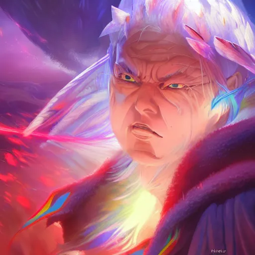 Image similar to anime portrait of a rainbow as a shaman yedi using dark force to eliminate trump as an anime antagonist by Stanley Artgerm Lau, WLOP, Rossdraws, James Jean, Andrei Riabovitchev, Marc Simonetti, and Sakimichan, trending on artstation