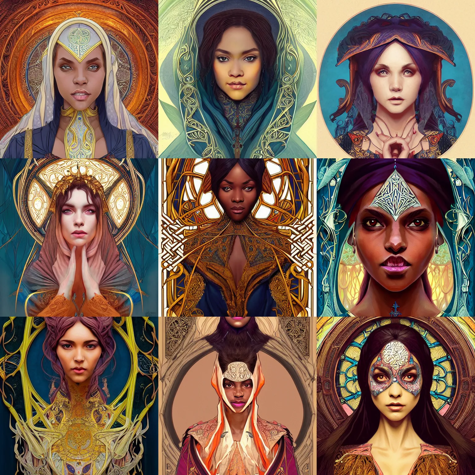 Prompt: head-on symmetrical centered painted portrait, Ghana Ali as a D&D wizard, art nouveau, medieval robes, fantasy, intricate, elegant, highly detailed, smooth, sharp focus, illustration, artstation, in the style of Artgerm and Anna Podedworna and Mucha