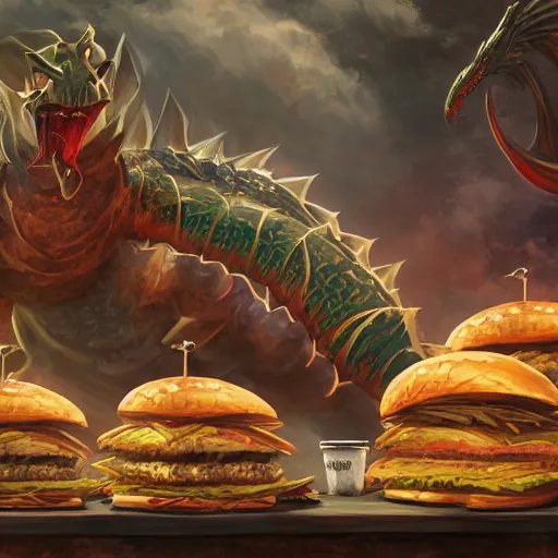 Image similar to Tiamat guarding a pile of cheeseburgers, dungeons and dragons, wizards of the coast, trending on art station, maximum detail, HD, cinematic