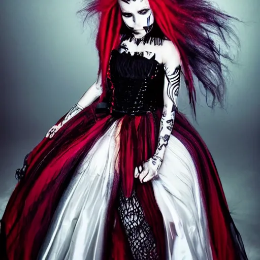 Image similar to kerli koiv flawless beautiful gothic with blonde and red dreadlocks in a black ballgown, dark, piercing clear eyes, exotic expression, photorealistic, highly detailed, mysterious lighting, smooth, sharp focus, 8 0 mm camera