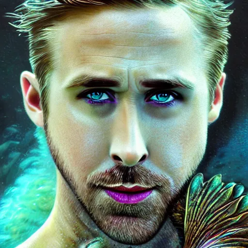 Image similar to ryan gosling portrait, fantasy, mermaid, hyperrealistic, game character, underwater, highly detailed, sharp focus, cinematic lighting, pearls, glowing hair, shells, gills, crown, water, highlights, starfish, jewelry, realistic, digital art, pastel, magic, fiction, ocean, king, colorful hair, sparkly eyes, fish, heroic, god, waves, bubbles