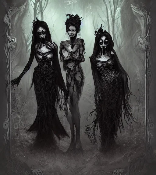 Prompt: gothic dead beautiful female witchs, digital painting, liminal eerie midnight backlit, a picture taken by Daniel Dos Santos and Michael Komarck