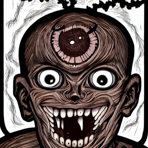 Image similar to a dark brown humanoid, hyper detailed, in the style of junji ito and and junji ito and junji ito, selfie