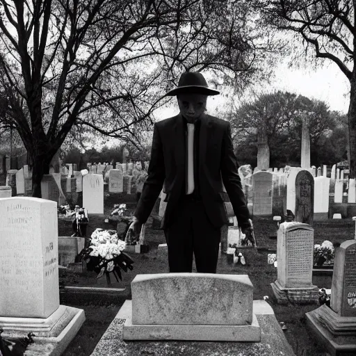 Prompt: A photo of a man in a black suit visiting a grave at the cemetery, grey weather