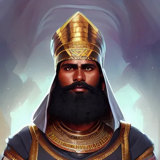 Prompt: bearded dark-skinned egyptian warrior, portrait, headshot, D&D, fantasy, highly detailed, digital painting, artstation, concept art, sharp focus, illustration, art by artgerm and greg rutkowski and alphonse mucha