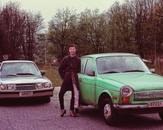 Image similar to a lomographic photo of old lada 2 1 0 7 standing in typical soviet yard in small town, hrushevka on background, cinestill, bokeh