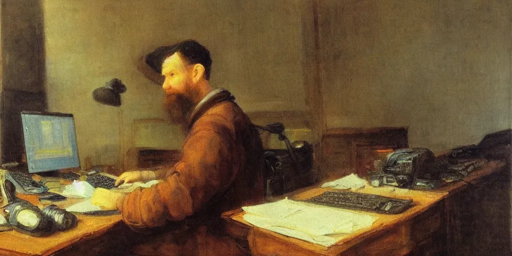 Prompt: an impressionist oil painting portrait of a male programmer. the programmer is typing on a modern computer. he is hard at work fixing regression bugs. the computer is well lit. in the style of rembrandt.