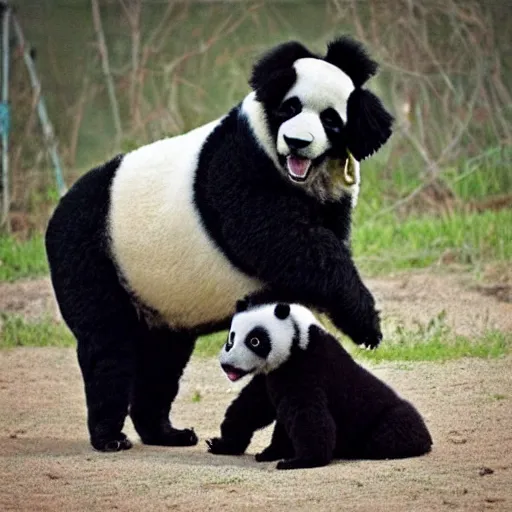 Image similar to a photo of a black poodle dog and a panda together,